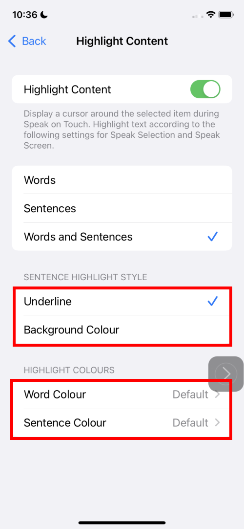 Select Underline or Background Colour, or tap Word Colour or Sentence Colour